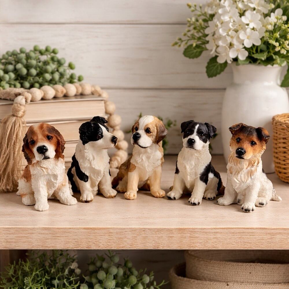Set of 5 Realistic Puppy Dog Figurines Durable Plastic Resin-Look Farmhouse